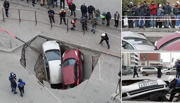 نشست زمین در روسیه دو خودرو را بلعید +فیلم